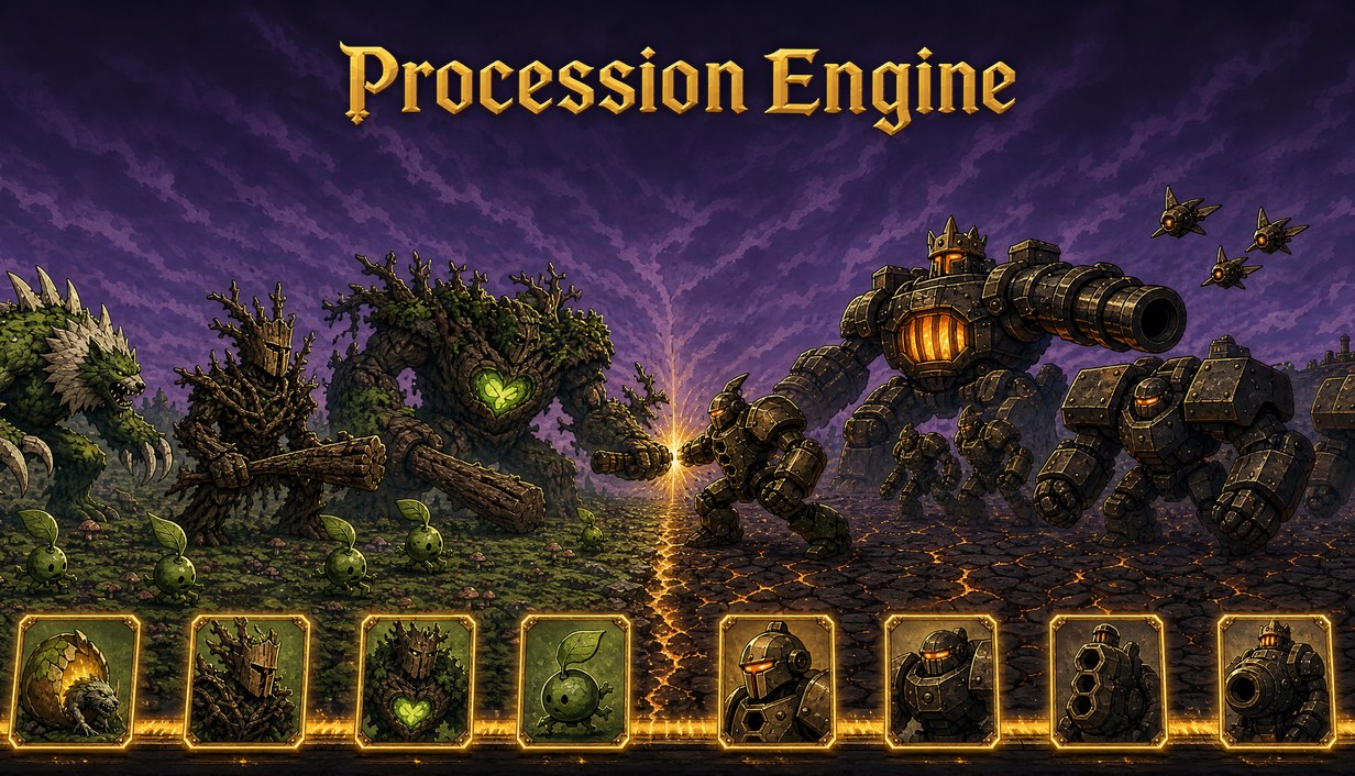 Procession Engine key art: the three races beneath the game logo.