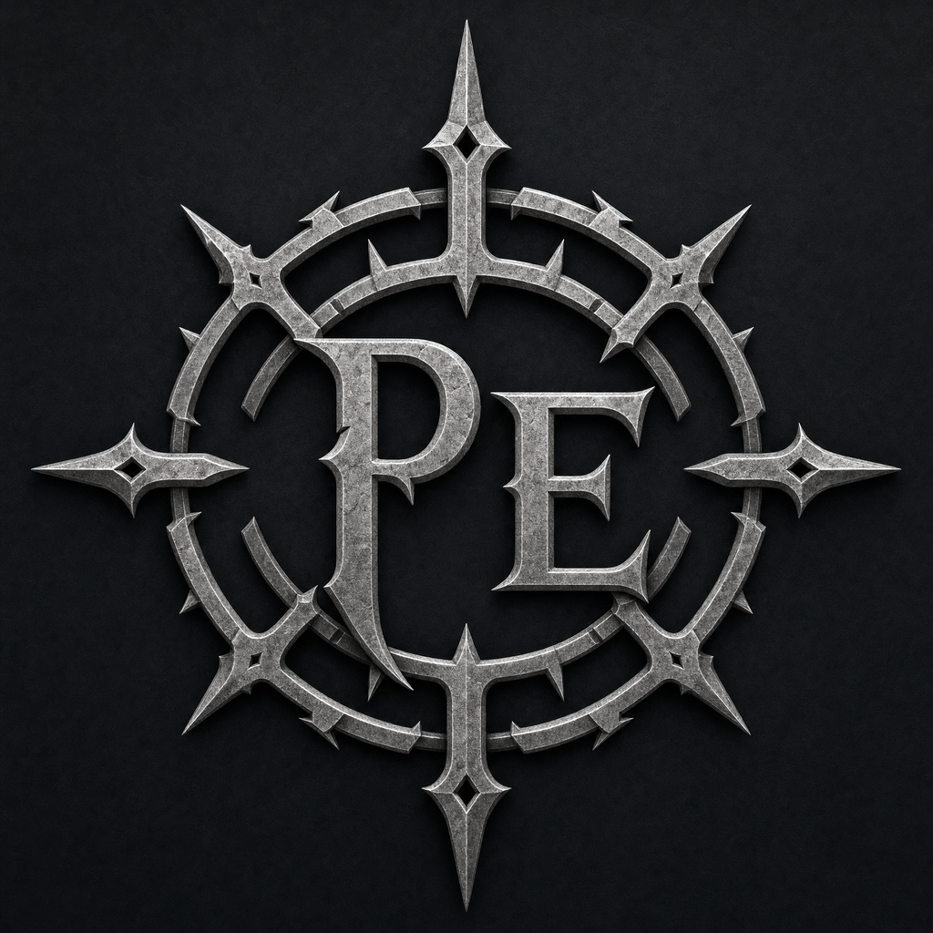 Procession Engine app icon: the PE monogram inside the thorned ring on a dark tile.