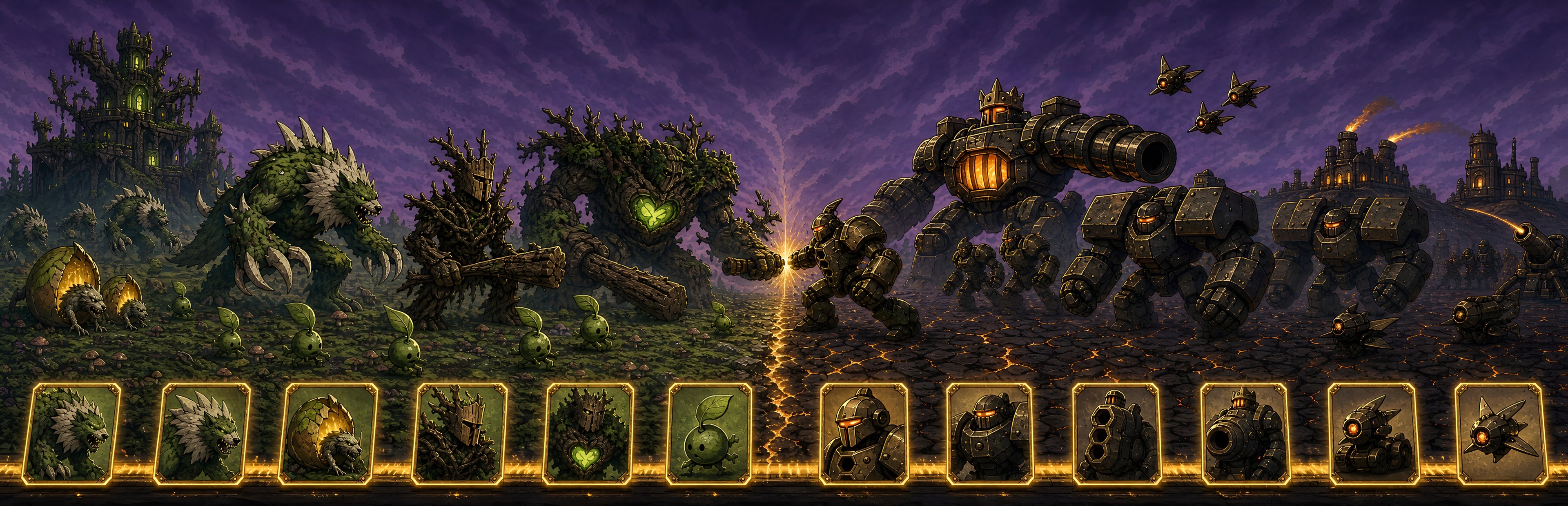 Bloomwarden treants clash with Iron Concord machines across a burning lane, a row of unit cards blazing beneath them.