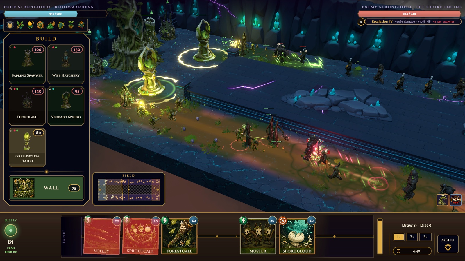 A Bloomwarden army marching through a glowing cavern arena, sprouts and beasts filling the lane.