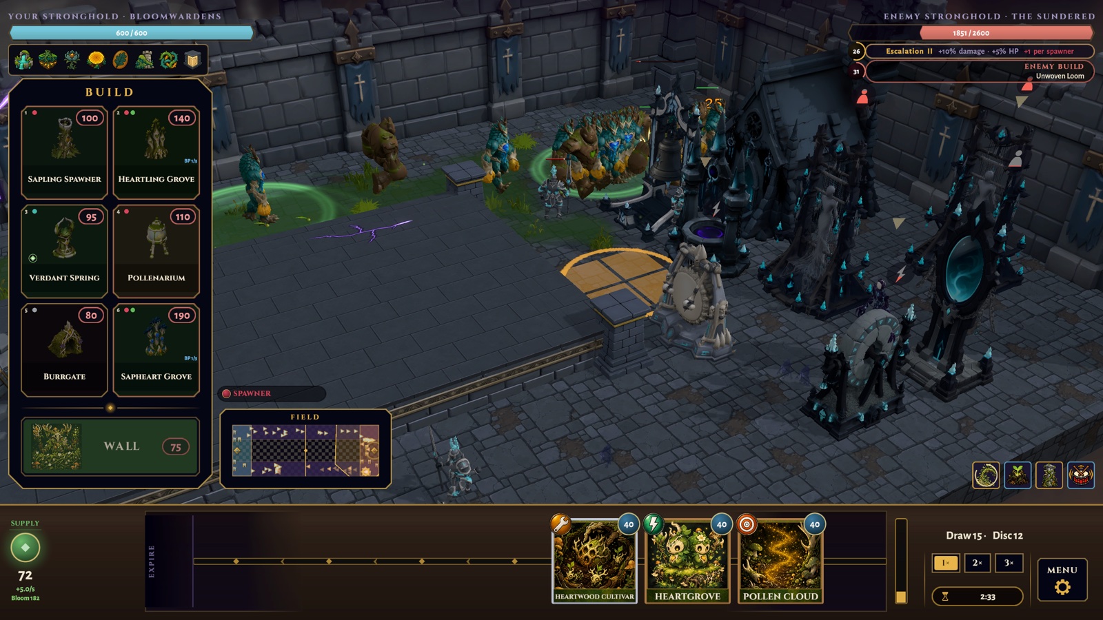Bloomwardens holding the lane against an elite Choirbreaker fight, towers looming over the field.