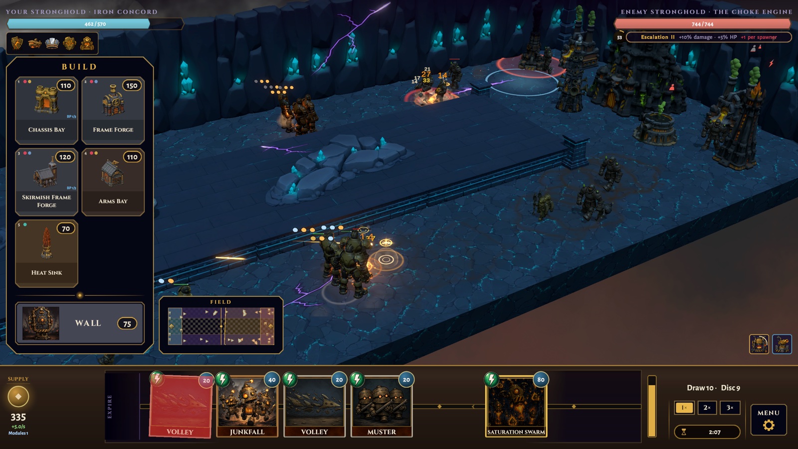 An Iron Concord push under a lightning storm, the enemy base in frame.
