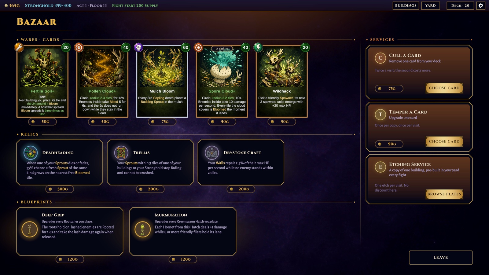 The Bazaar: rows of cards, relics, and blueprints for sale between fights.
