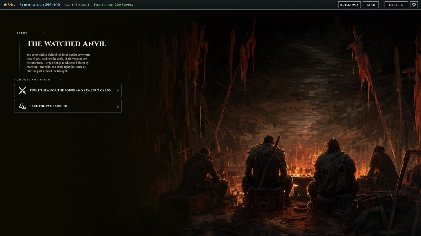 A route event, The Watched Anvil, its painting filling the frame beside two choices.