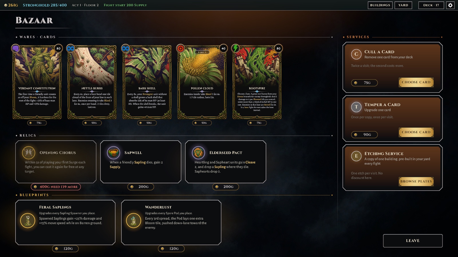 The Bazaar: cards, relics, and blueprints for sale, with culling and tempering services alongside.
