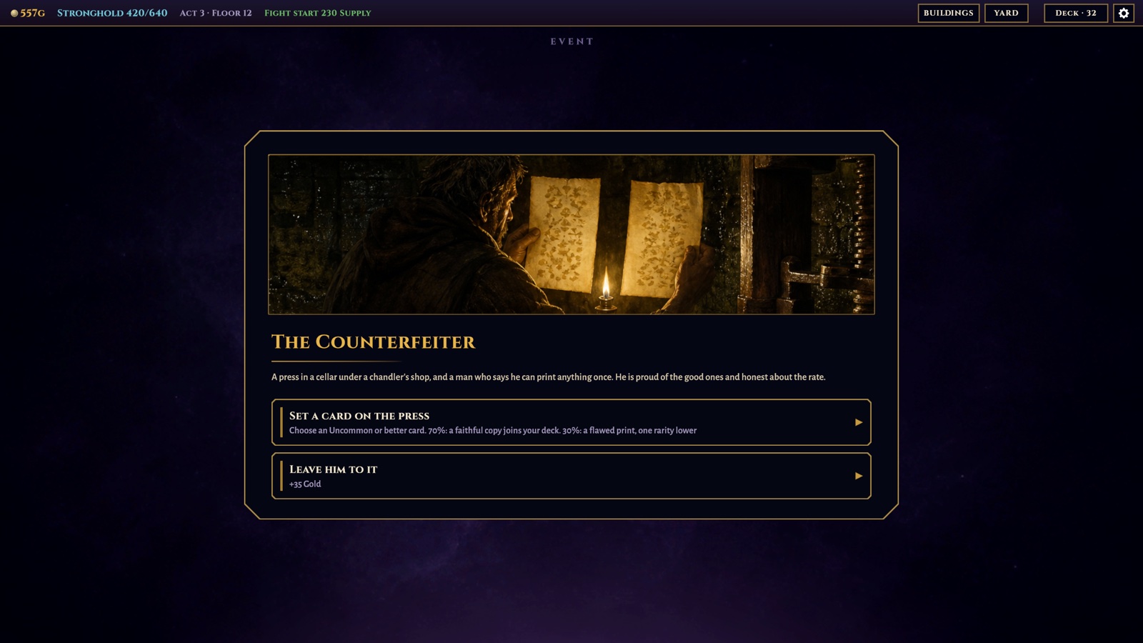 A route event between fights: the Counterfeiter.