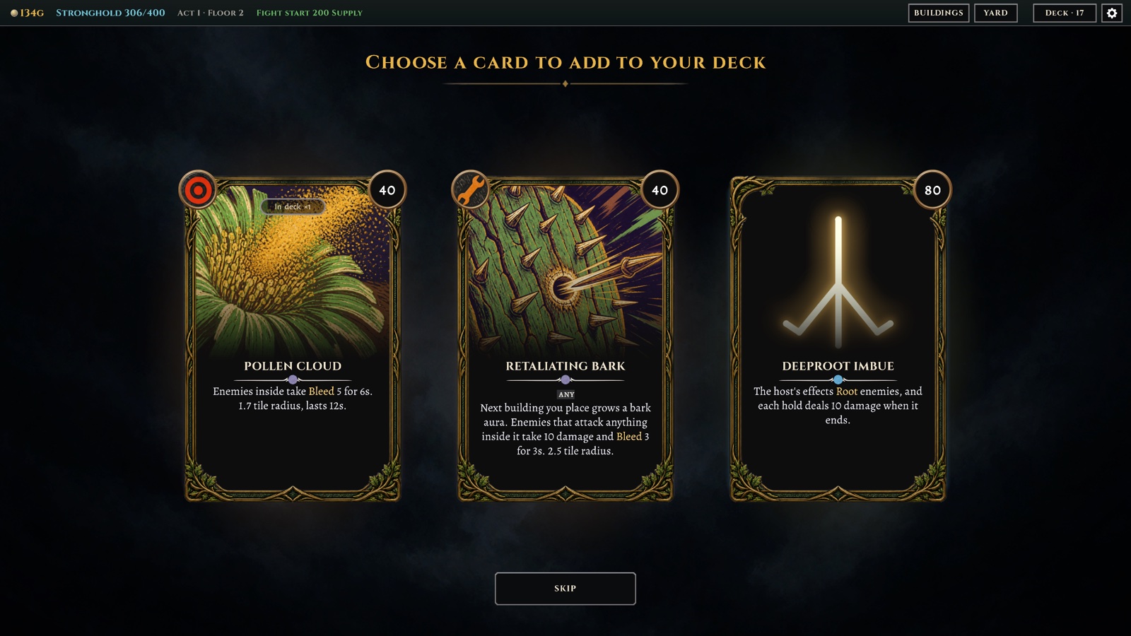 Choosing one of three cards to add to the deck after a fight.