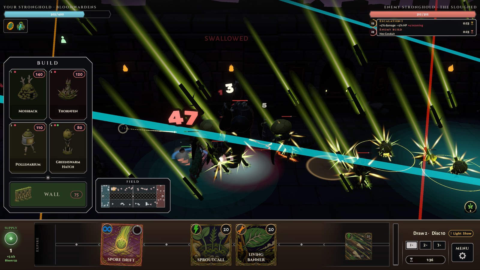A Light Show fight in act one: laser beams sweeping a darkened dungeon as a Bloomwarden spell rains down on the Sloughed.