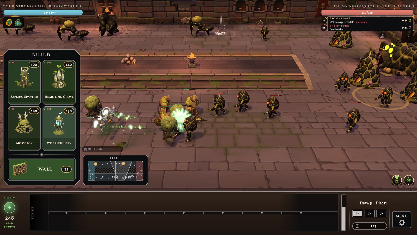 A Bloomwarden spell bursting through a line of crawlers in the act one dungeon, the Sloughed warrens behind them.