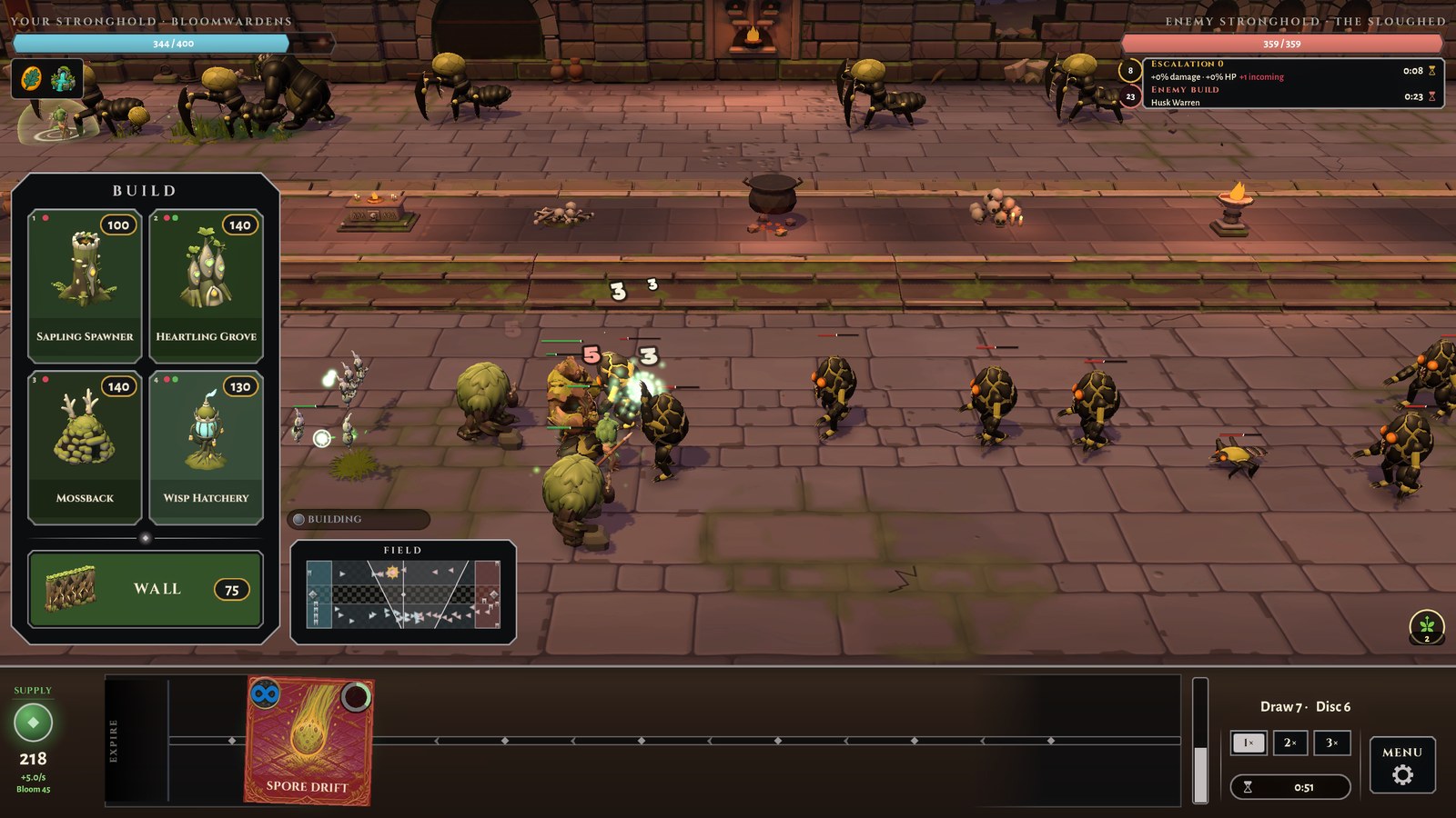 Crawler Broods and husks crashing into the Bloomwarden line in the act one dungeon, hit numbers rising from the melee.