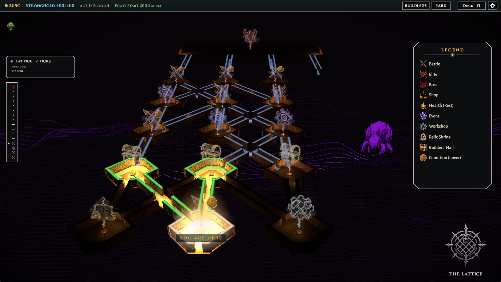 The act one map hall: the route taken lit in green, a legend of room types, and the floor rail down the left edge.